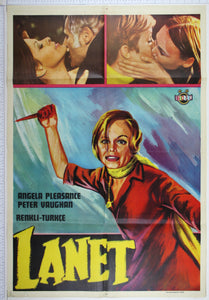 Artwork of blonde woman in red raising knife, above inset boxes of man and woman, two women kiss.
