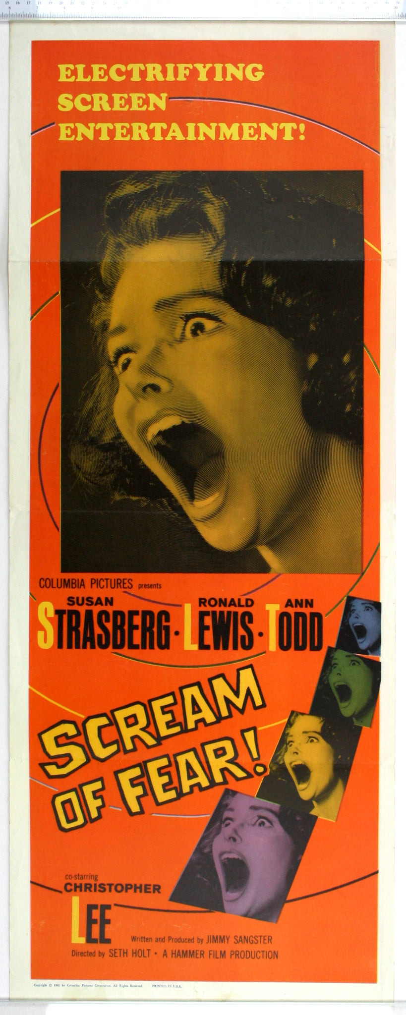 On orange with swirling circles, inset photo of Strasberg screaming - smaller inset boxes with same image in different colour washes.