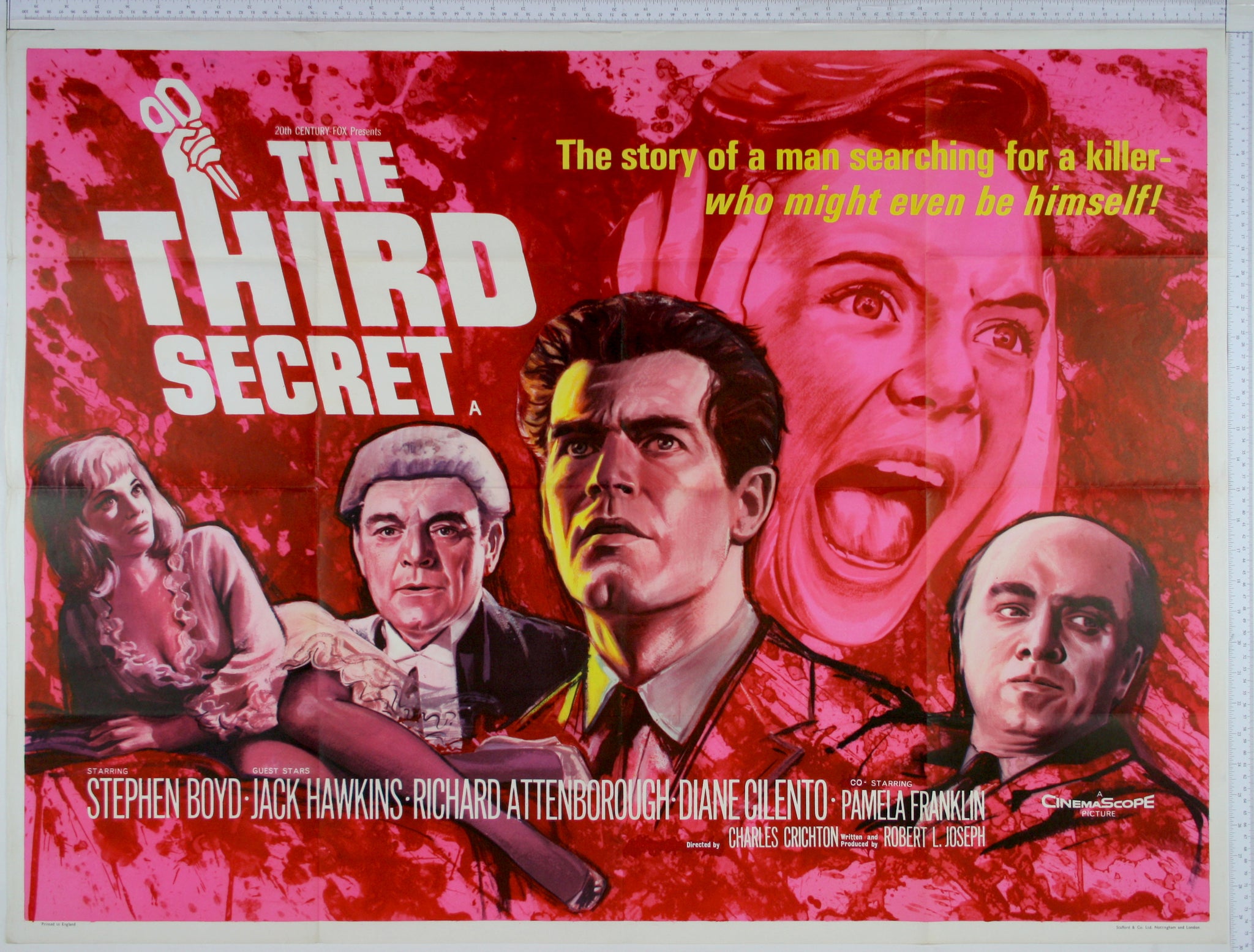 On mottled red, artwork of screaming girl, with portraits of each main character, Boyd at centre. H of title has dagger motif.