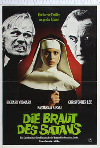 Colour photo of Kinski as nun, on each side high contrast B+W closeups of Widmark and Lee.