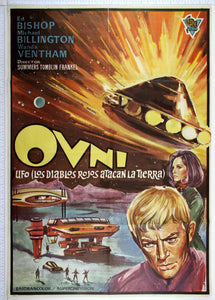 Artwork of alien spaceship at top, woman and blond hero, moonbase and spacemen at bottom.