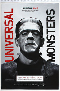 B+W closeup photo of Karloff as Frankenstein's monster, with text to sides.