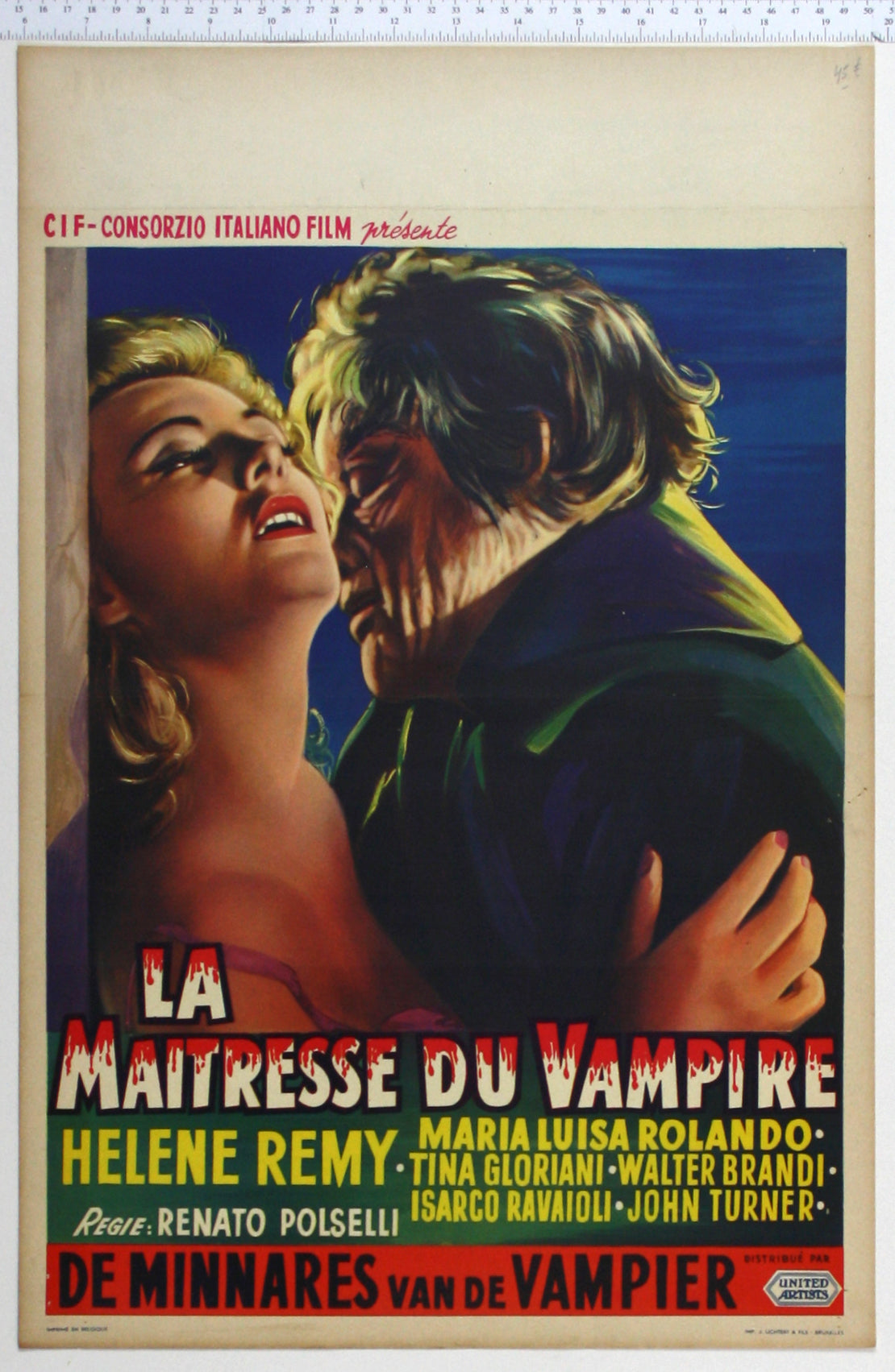 Artwork of beautiful blonde in embrace of hideous, wrinkled vampire about to suck her blood.