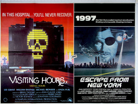 Artwork of hospital on red, lights resembling skull. On right, Russell closeup with eyepatch, helicopters firing at New York.