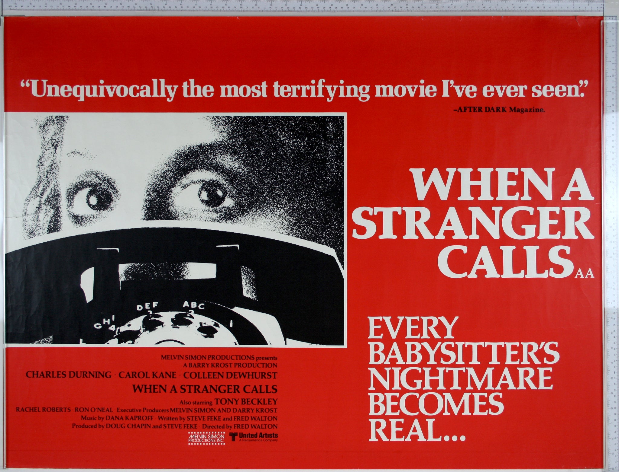 On red, inset box of high contrast photo of Kane's eyes, with telephone in foreground.