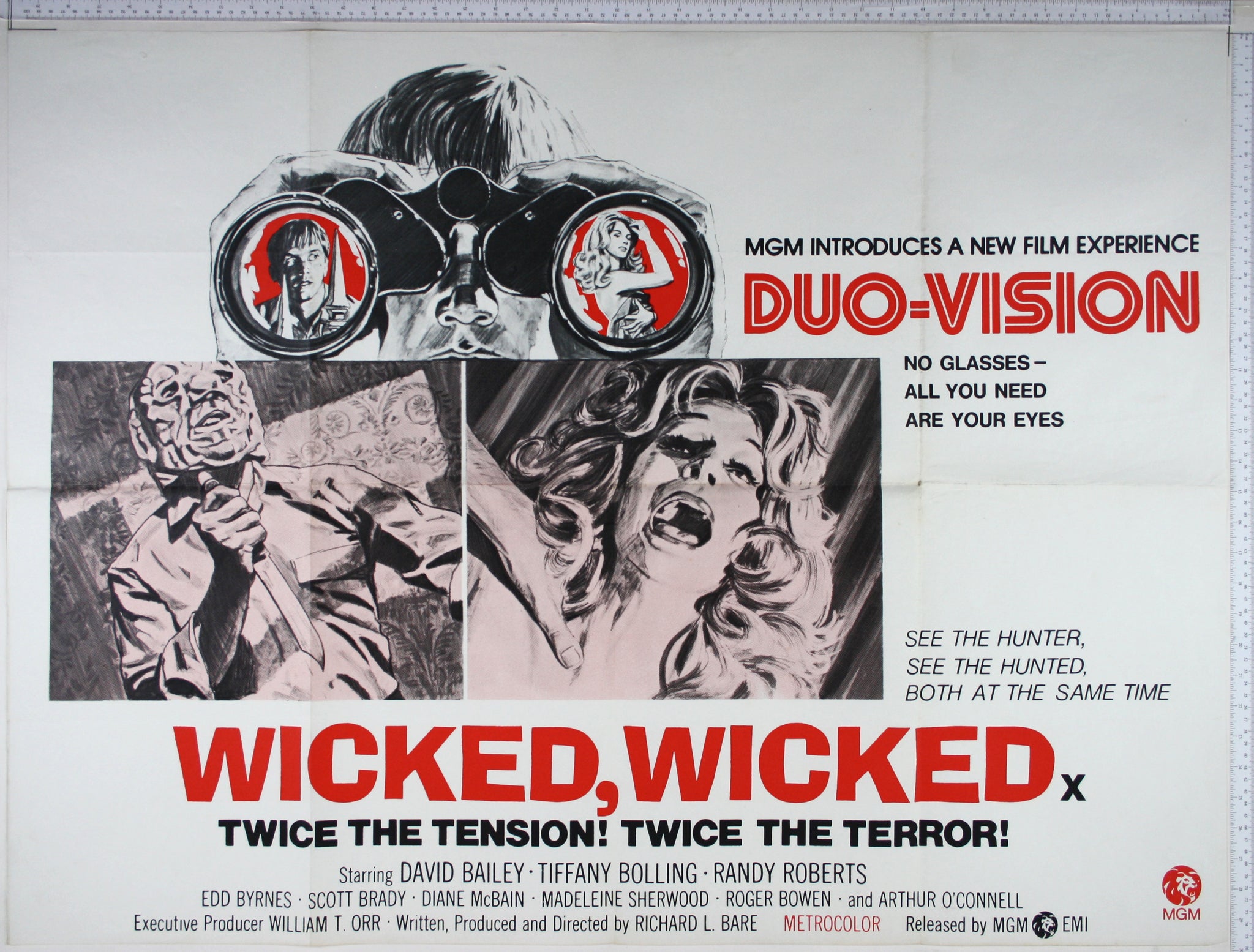 Graphic artwork of boy with binoculars, lenses showing boy beind railings and sexy girl, inset of masked killer and screaming girl.