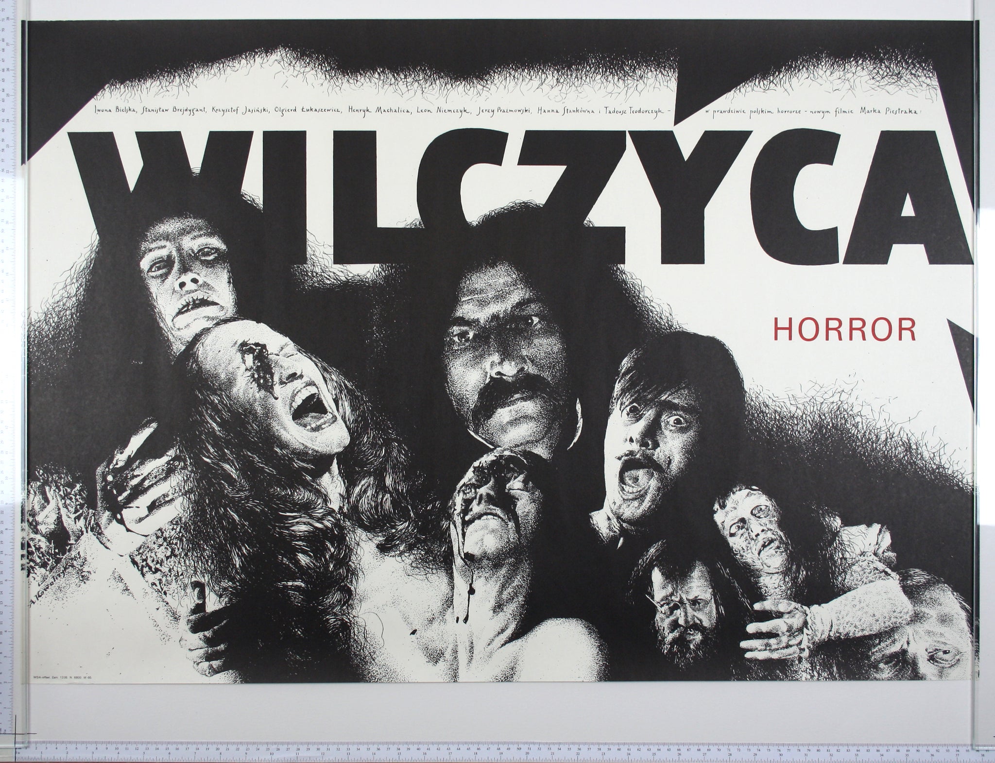 High contrast B+W artwork of werewolf undergoing transformation, as well as other shocked human faces.