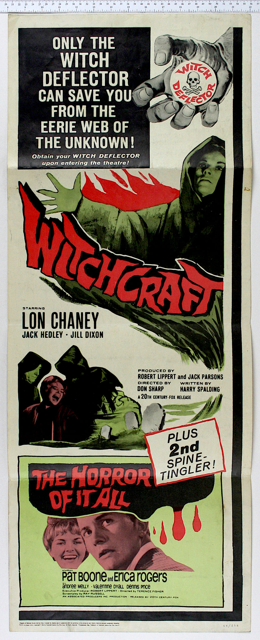 At top right, a hand holds the 'witch deflector', a gimmick button given to patrons. Below is a hooded woman holding her arms out, graphic flames behind. Below to the left, a screaming woman is held by two other hooded figures, with a graveyard in grey and green at the side. Below this, under a box stating 'plus 2nd spine-tingler' The Horror of it All has text in red on black, and at bottom, stills of Boone and Rogers.