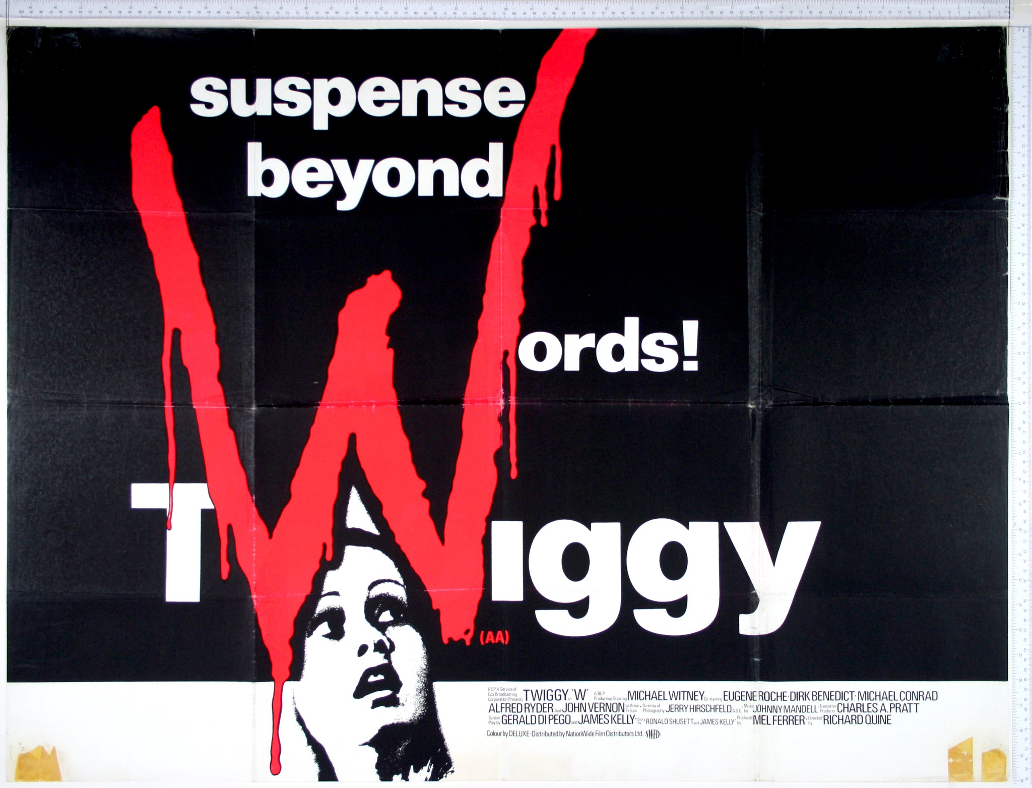 On black, a huge blood-dripping W is used as W of words and W in Twiggy, her high contrast photo visible at the bottom.