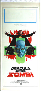 Artwork of green cross with eyeless zombie and snarling dogs. Above, against flames, dracula holds hands out, blood dripping.