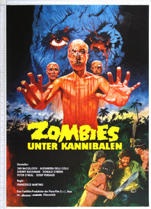 Artwork of red bloodied zombies advancing, with blue zombie face closeup at rear. At bottom, man attacked by natives.